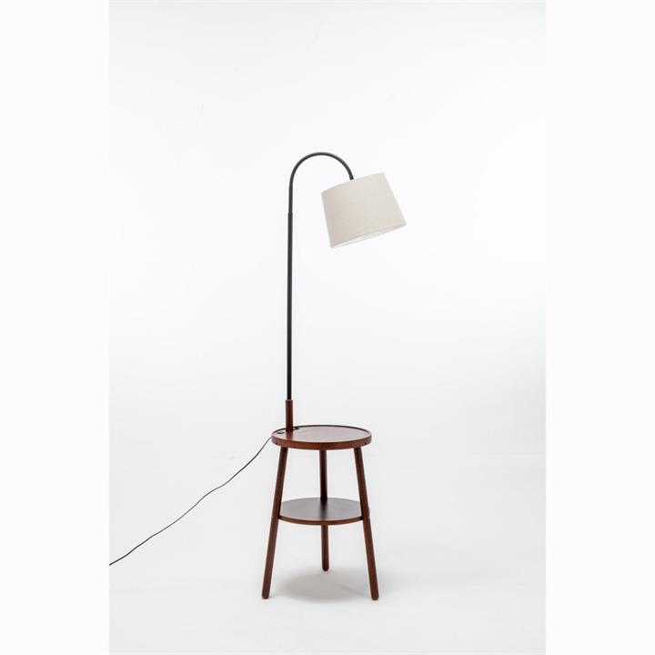 Kamala Rubberwood 2-Round Shelves Floor Lamp Linen Shade W/ USB Port Charging - Off White/Cherry