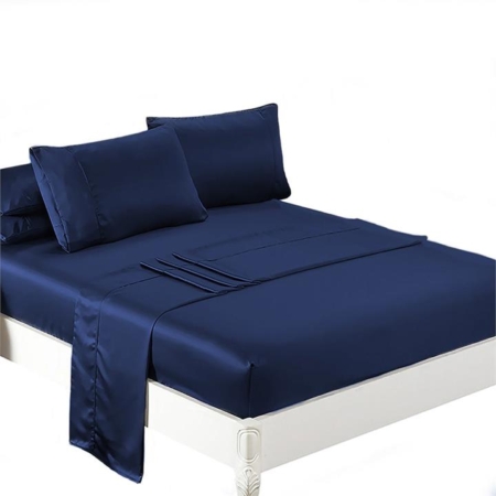 DreamZ Silky Satin Sheets Fitted Flat Bed Sheet Pillowcases Summer Queen Blue