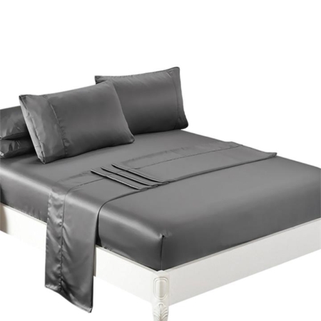 DreamZ Silky Satin Sheets Fitted Flat Bed Sheet Pillowcases Summer Double Grey