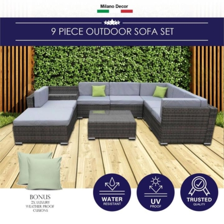 Milano Outdoor 9 Piece Oatmeal Rattan Sofa Set - Black Coating & Grey Seats (6 Boxes)