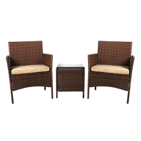 Outdoor Furniture Set Patio Garden 3 Pcs Chair Table Rattan Wicker Cushion Seat Brown
