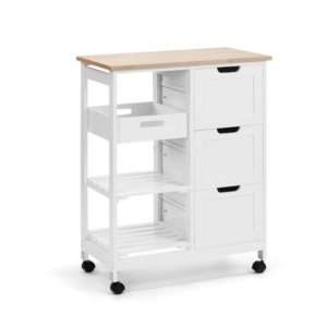 Fiona Kitchen Trolley Storage Cabinet 3-Drawers 2-Shelves & Tray - White/Oak