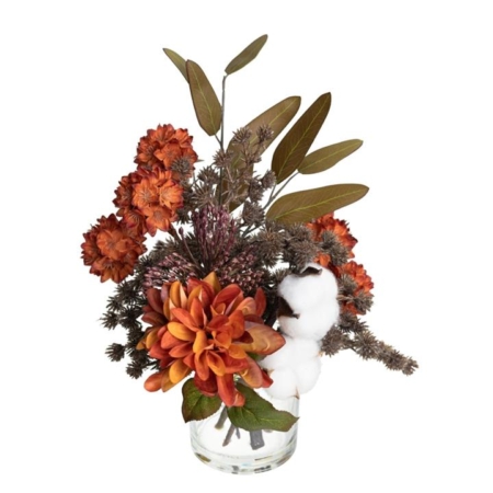 Burnt Orange Dahlia & Cotton Artificial Fake Plant Decorative Arrangement 25cm In Glass