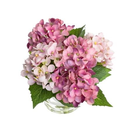 Pink Hydrangea Artificial Fake Plant Decorative Mixed Arragement 18cm In Glass