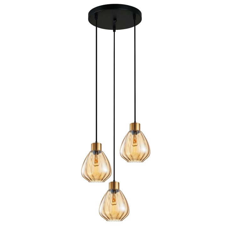 TULIP Pendant Lamp Light Interior ES 3X72W Bronze Amber Wine Glass Ribbed Round Base