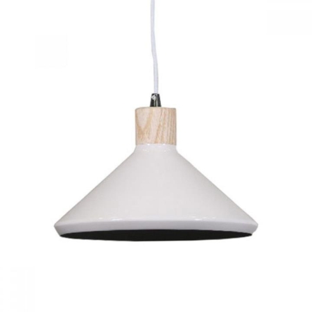 Benson Classic Metal Cone Cord Drop Pendant Light Lamp - Wood Veneer & Milky White Inside