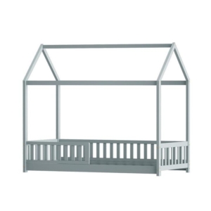 Wooden Bed Frame House Shape Pine Timber Base Single Size Platform Grey