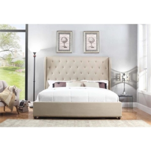 Bed Frame Queen Size in Beige Fabric Upholstered French Provincial High Bedhead