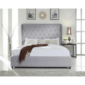Bed Frame Queen Size in Grey Fabric Upholstered French Provincial High Bedhead
