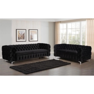 3+2 Seater Sofa Classic Button Tufted Lounge in Black Velvet Fabric with Metal Legs