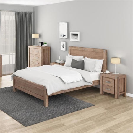 4 Pieces Bedroom Suite in Solid Wood Veneered Acacia Construction Timber Slat King Size Oak Colour Bed