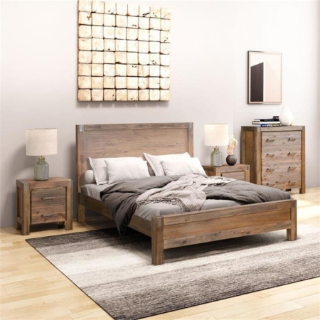 4 Pieces Bedroom Suite in Solid Wood Veneered Acacia Construction Timber Slat Queen Size Chocolate Colour Bed