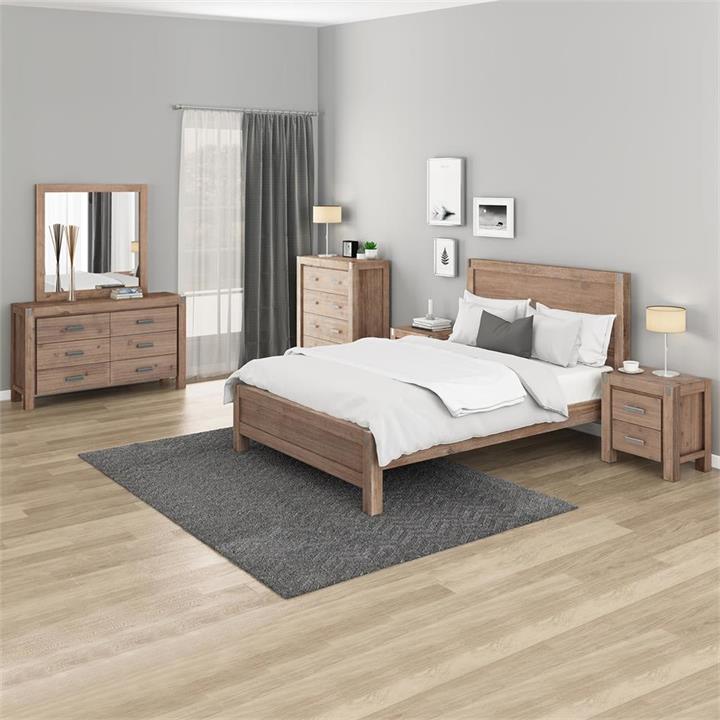 5 Pieces Bedroom Suite in Solid Wood Veneered Acacia Construction Timber Slat King Size Oak Colour Bed