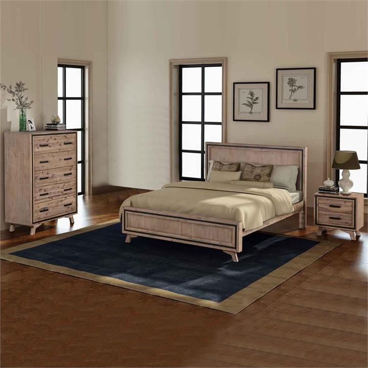 4 Pieces Bedroom Suite Queen Size Silver Brush in Acacia Wood Construction Bed