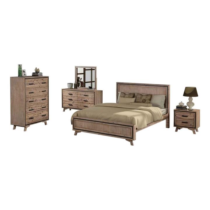 5 Pieces Bedroom Suite Queen Size Silver Brush in Acacia Wood Construction Bed