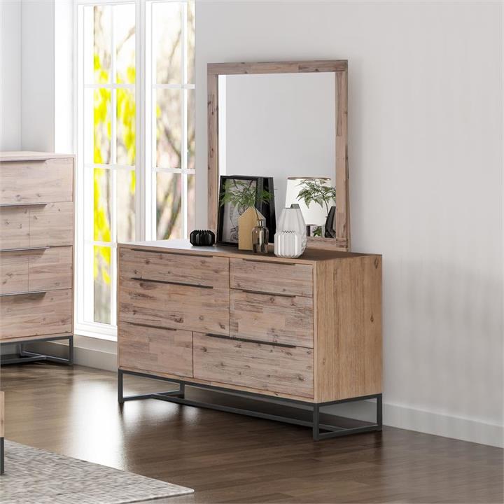 Dresser with 6 Storage Drawers in Solid Acacia & Veneer With Mirror