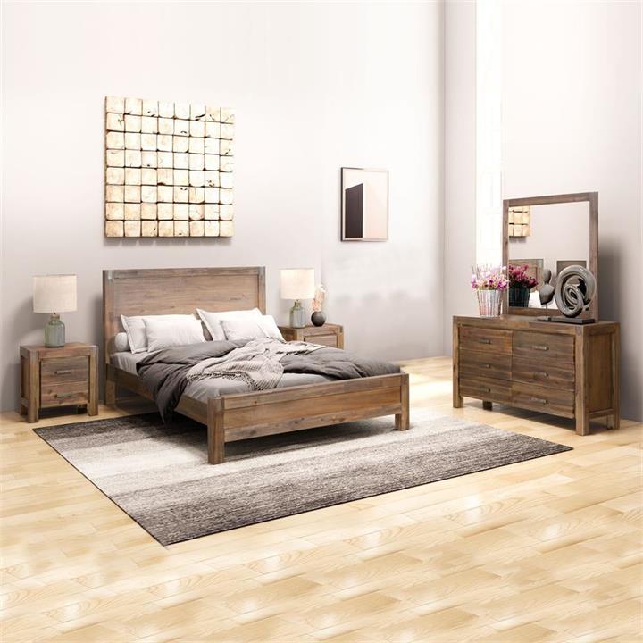 4 Pieces Bedroom Suite in Solid Wood Veneered Acacia Construction Timber Slat Double Size Chocolate Colour Bed