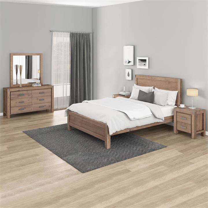 4 Pieces Bedroom Suite in Solid Wood Veneered Acacia Construction Timber Slat Double Size Oak Colour Bed