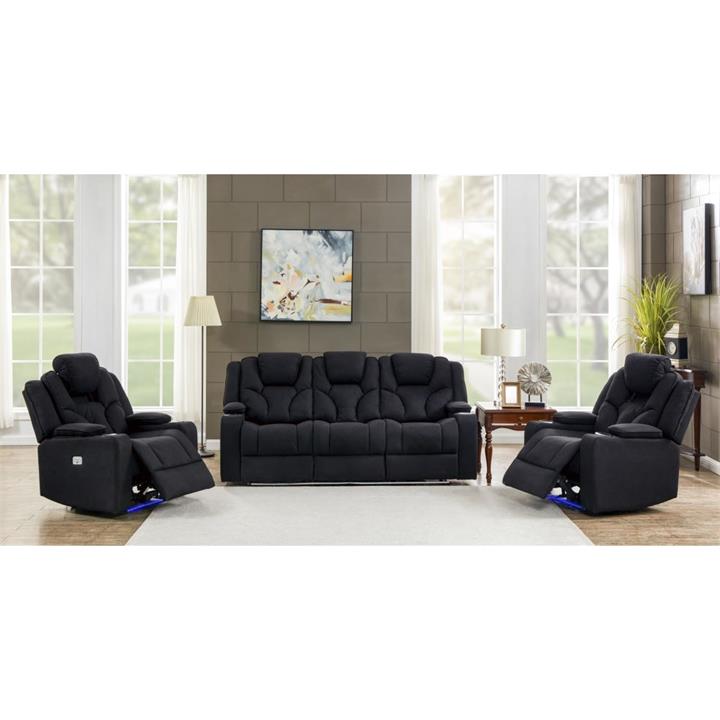 3+1+1 Seater Electric Recliner Stylish Rhino Fabric Black Lounge Armchair with LED Features