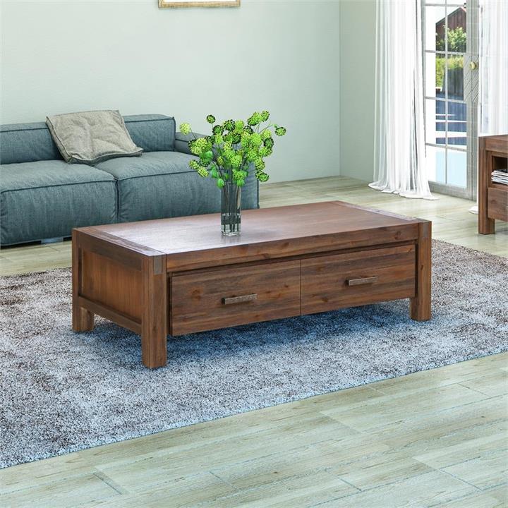 Coffee Table Solid Acacia Wood & Veneer 1 Drawer Storage Chocolate Colour