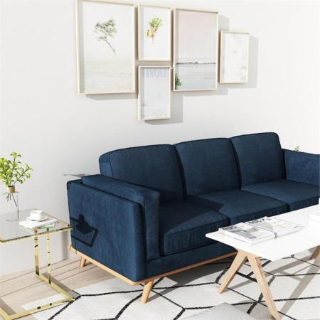 3 Seater Sofa Soft Blue in Soft Blue Velvet Fabric Lounge Set for Living Room Couch with Wooden Frame