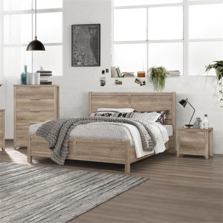 4 Pieces Bedroom Suite Natural Wood Like MDF Structure Double Size Oak Colour Bed