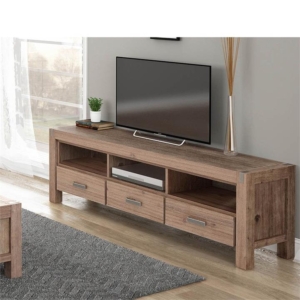 TV Cabinet with 3 Storage Drawers with Shelf Solid Acacia Wooden Frame Entertainment Unit in Oak Colour