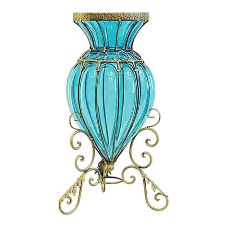Blue Colored European Glass Floor Home Decor Flower Vase with Metal Stand
