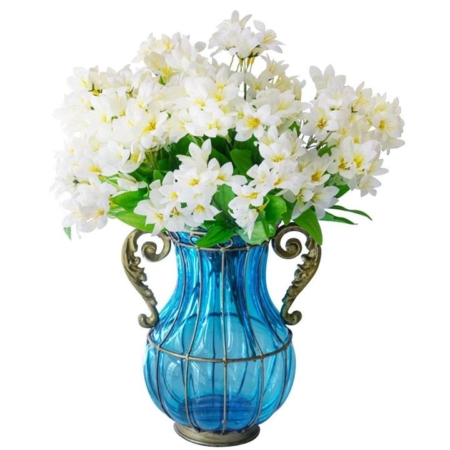 Blue Colored Glass Flower Vase with 10 Bunch 6 Heads Artificial Fake Silk Lilium nanum Home Decor Set