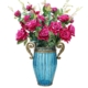 Blue Colored Glass Flower Vase with 8 Bunch 5 Heads Artificial Fake Silk Rose Home Decor Set