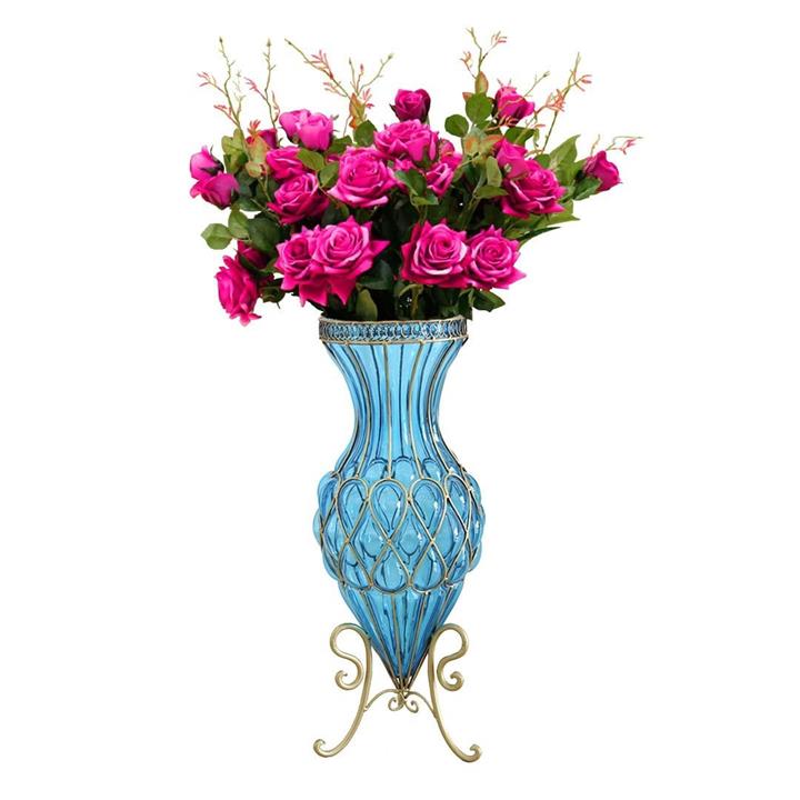 67cm Blue Glass Tall Floor Vase and 12pcs Dark Pink Artificial Fake Flower Set