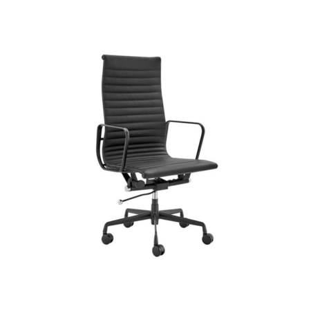 Eames Replica Standard Matte Black Aluminium High Back Office Computer Work Task Chair - Black Leather