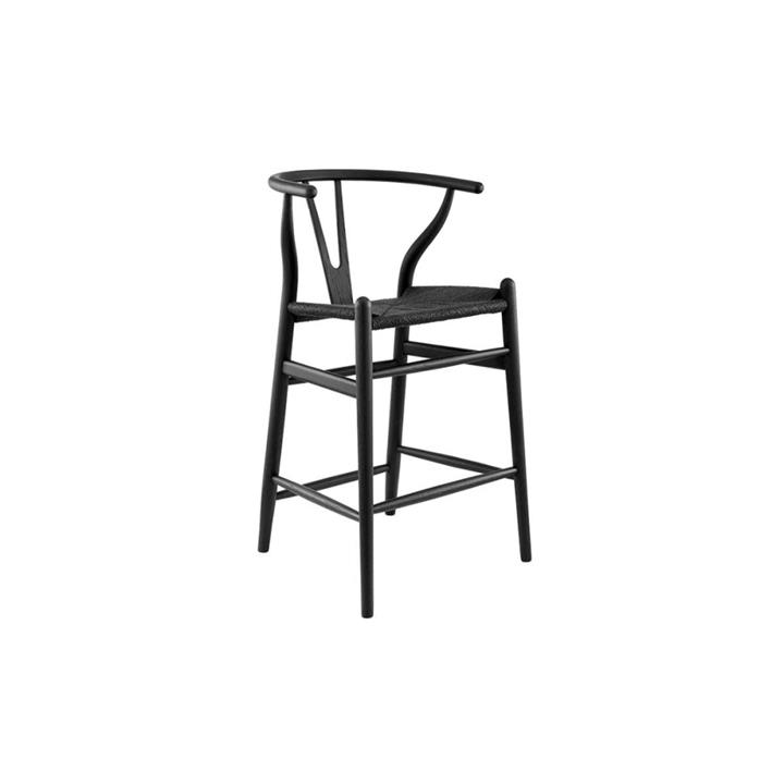 Hans Wegner Replica Wishbone Wooden Counter Kitchen Bar Stool - Oak Wood/Black - Black