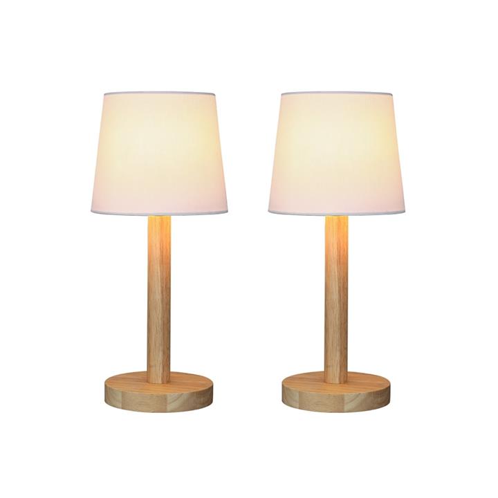 Gloei Duo Set of 2 Contemporary Wooden Table Desk Lamp Light Polyester Shade - White