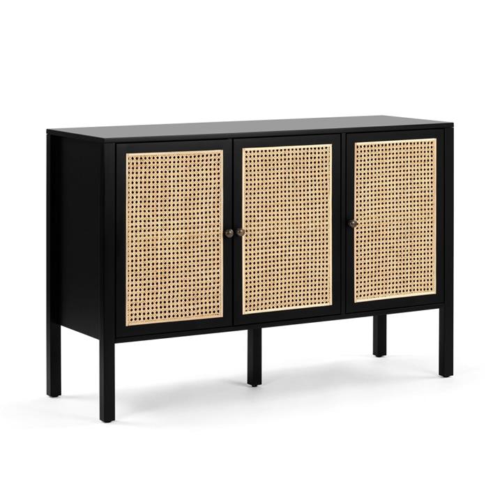 Lucien Sideboard Buffet Unit Storage Cabinet W/ 3-Doors - Black/Rattan