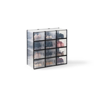 Set of 12 Click Shoe Storage Organisers Cabinet Box Medium - Clear/Black - Clear/Black Medium