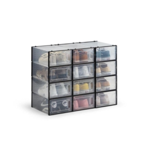 Set of 12 Click Shoe Storage Organisers Cabinet Box Large - Clear/Black - Clear/Black Large