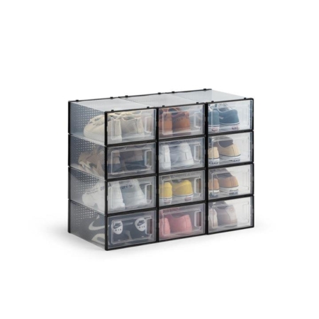 Set of 12 Click Shoe Storage Organisers Cabinet Box Large - Clear/Black - Clear/Black Large