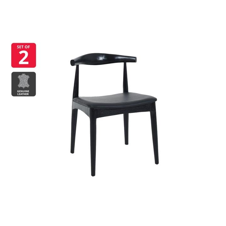 Set of 2 Hans Wegner Replica Leather Elbow Dining CH20 Kitchen Dining Chair - Black - Black