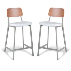 Set of 2 - Espriit Enfys Industrial Bar Stool 65cm - Light Grey Frame - Natural Oak Back - White Cushion Seat