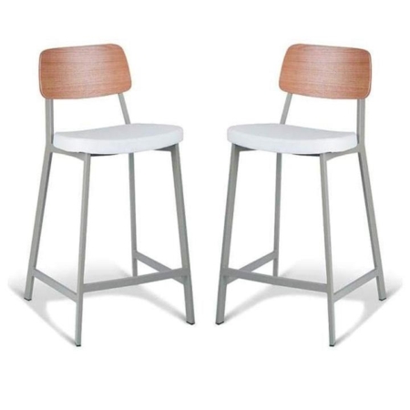 Set of 2 - Espriit Enfys Industrial Bar Stool 65cm - Light Grey Frame - Natural Oak Back - White Cushion Seat