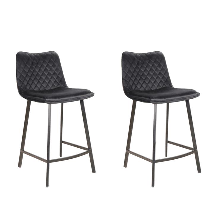 Set Of 2 Pippa Velvet Frabric Kitchen Counter Bar Stools 63.5cm Metal Frame - Black