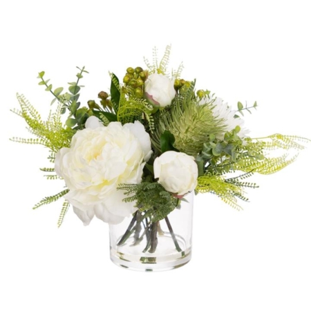 Peony & Banksia 30cm White Artificial Faux Plant Flower Decorative Mixed Arrangement In Glass