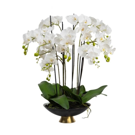Orchid 80cm Artificial Faux Plant Decorative Arrangement In Black & Gold Stripe Bowl