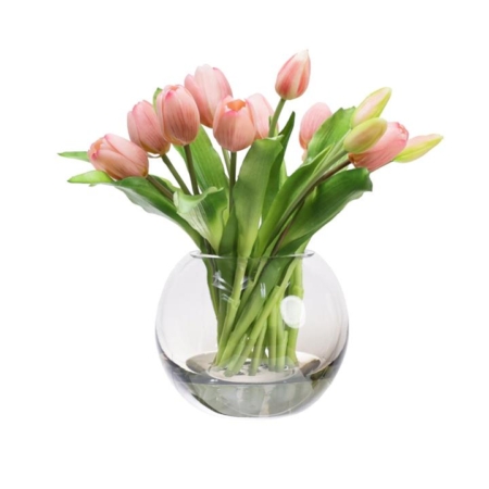 Pink Tulip 29cm Artificial Faux Flower Plant Decorative Arrangement In Fishbowl