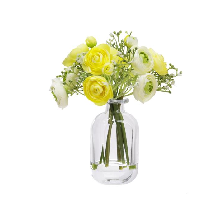 Yellow & Green Rununculus 20cm Mixed Artificial Faux Flower Plant Decorative Arrangement In Bud Vase