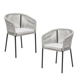 Set Of 2 Pietro Stylish Rope Woven Outdoor Dining Chair Metal Frame - Pebble