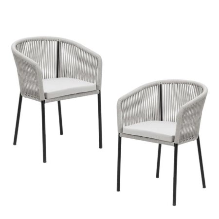 Set Of 2 Pietro Stylish Rope Woven Outdoor Dining Chair Metal Frame - Pebble