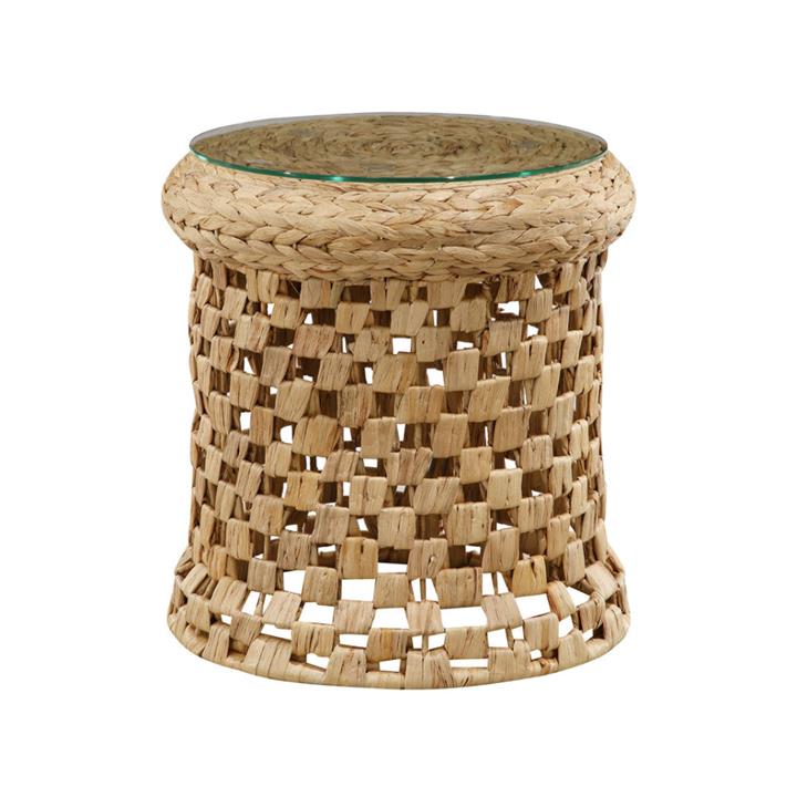 Lucy Woven Round Slim End Lamp Side Table Glass Top Metal Frame Natural