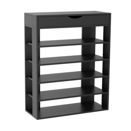 Lester 5-Tier Wooden Shoe Rack Shelves Storage Organiser 1-Drawer Black